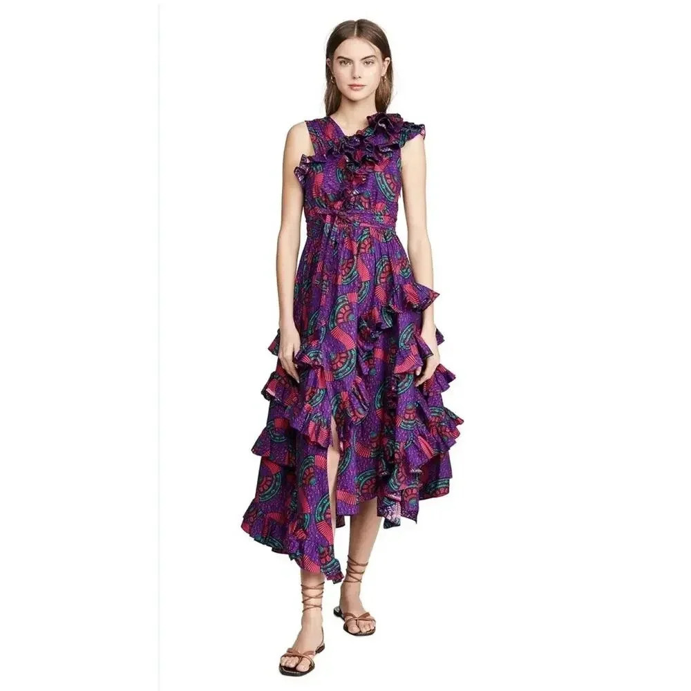 NWT Ulla Johnson IMOGEN Purple Print Ruffle Asymmetrical Midi Dress Size… - Picture 10 of 16